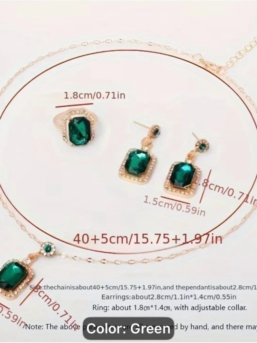 Emerald Green Gold-Plated Jewelry Set - Necklace, Ring & Earrings